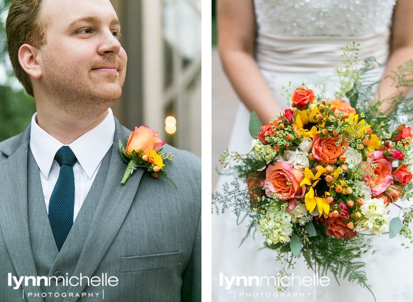 bride and groom details at chapel with coral and yellow flowers