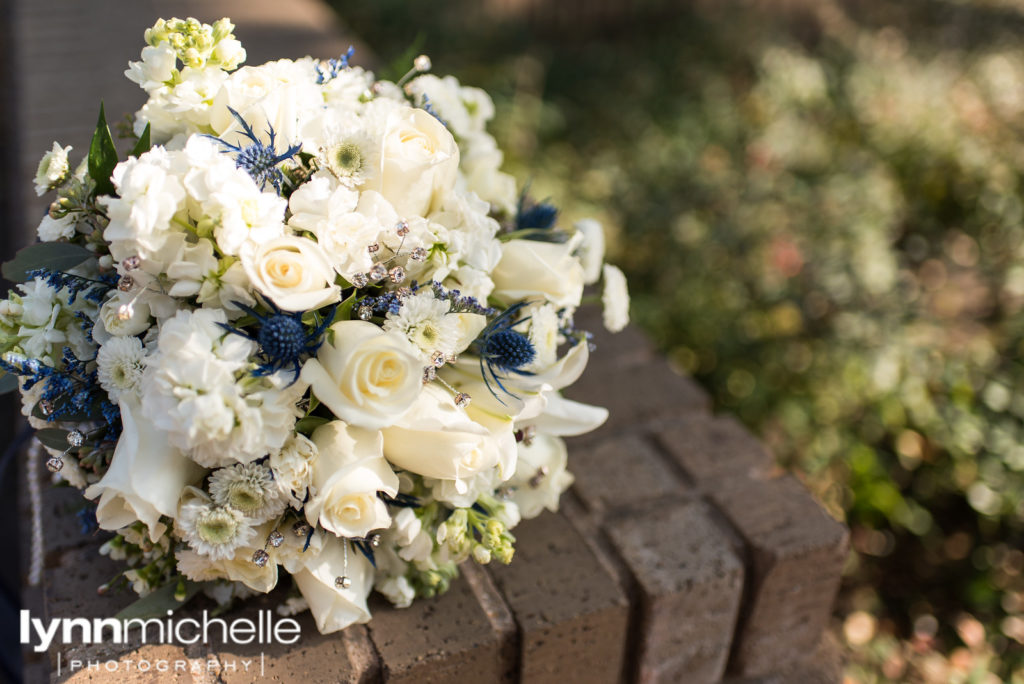 white and blue bridal bouquet at marty leonard chapel